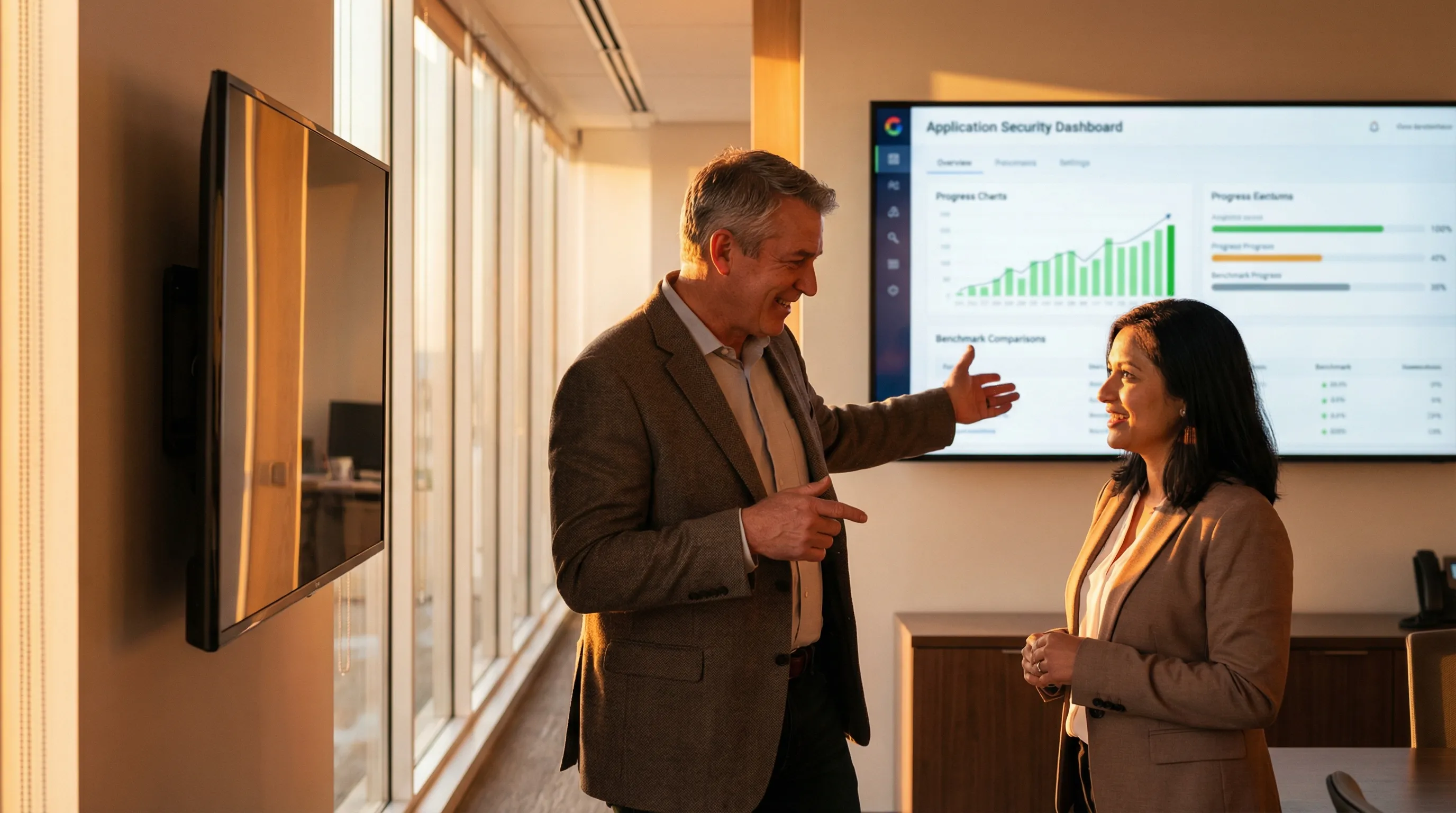 S3C Solutions advisor reviewing application security maturity dashboard showing measurable program progress